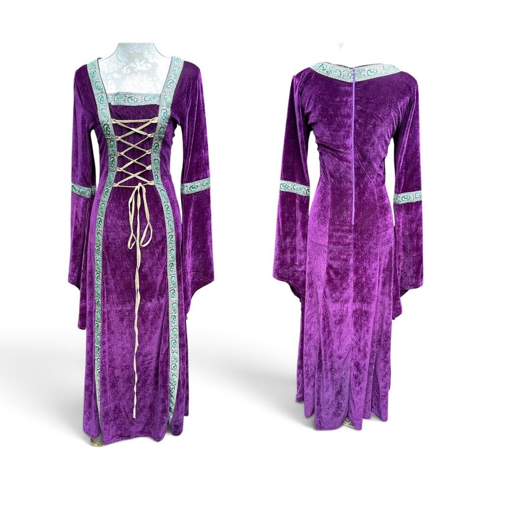 Renaissance Medieval Gown Gown Dress Purple Gold Green Velour S/M LARP Ren Faire